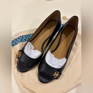 Tory Burch Black Peep-Toe Leather Pumps